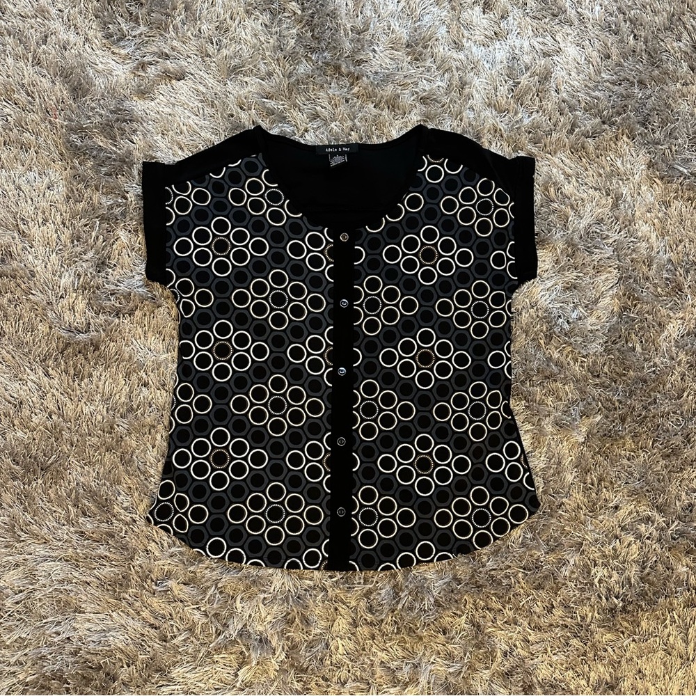 Black Patterned Cap-Sleeve Blouse - Adele & May - image 1